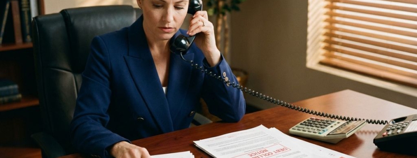 Zakenvrouw in marineblauw jasje beoordeelt facturen aan houten bureau met telefoon en incassodocumenten