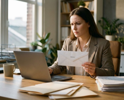 Zakenvrouw kijkt verward naar laptop terwijl ze ongeopende witte envelop met factuur vasthoudt aan kantoorbureau