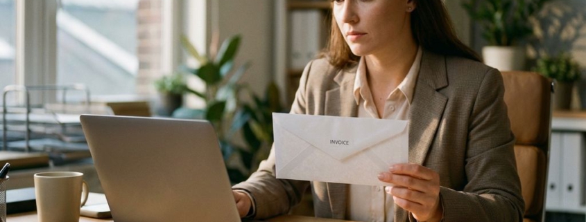 Zakenvrouw kijkt verward naar laptop terwijl ze ongeopende witte envelop met factuur vasthoudt aan kantoorbureau