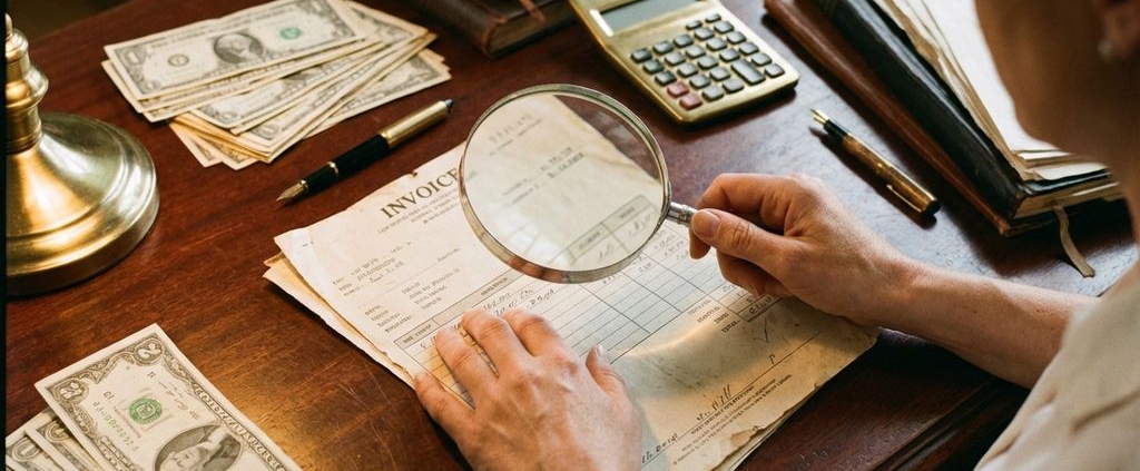 Zakenvrouw onderzoekt factuur met vergrootglas op bureau met rekenmachine en documenten