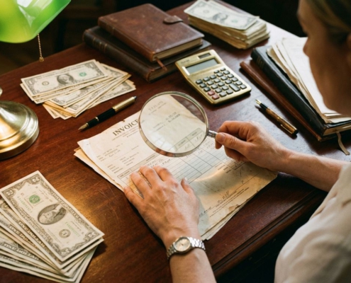 Zakenvrouw onderzoekt factuur met vergrootglas op bureau met rekenmachine en documenten