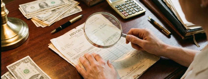 Zakenvrouw onderzoekt factuur met vergrootglas op bureau met rekenmachine en documenten