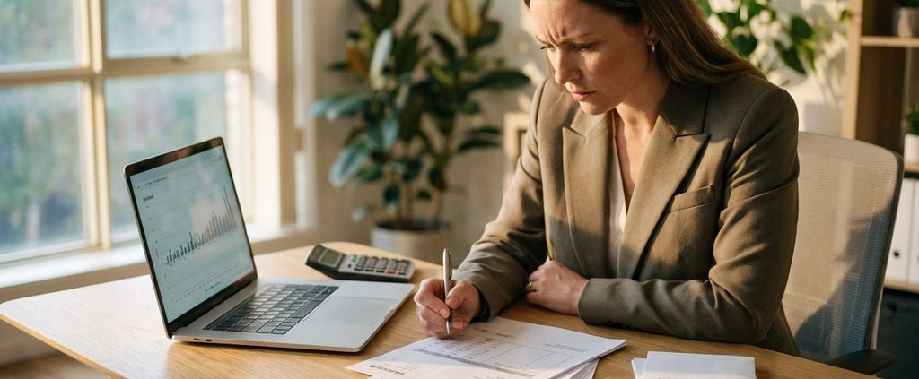Zakenvrouw analyseert financiële documenten aan moderne bureautafel met laptop en rekenmachine in kantoor