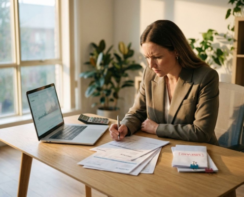 Zakenvrouw analyseert financiële documenten aan moderne bureautafel met laptop en rekenmachine in kantoor