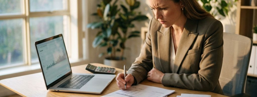Zakenvrouw analyseert financiële documenten aan moderne bureautafel met laptop en rekenmachine in kantoor