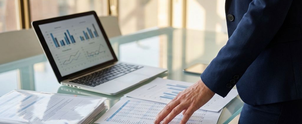 Professionele zakenvrouw in marineblauw pak analyseert financiële rapporten en grafieken op glazen vergadertafel