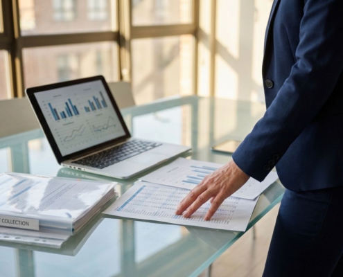 Professionele zakenvrouw in marineblauw pak analyseert financiële rapporten en grafieken op glazen vergadertafel