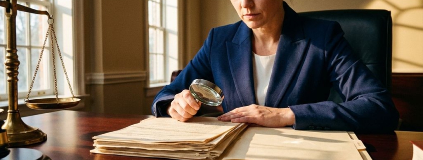 Zakenvrouw in marineblauw pak bekijkt juridische documenten met vergrootglas aan mahonie bureau met weegschaal