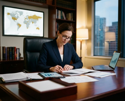 Zakenvrouw in pak bekijkt internationale facturen aan bureau met wereldkaart en laptop met financiële gegevens