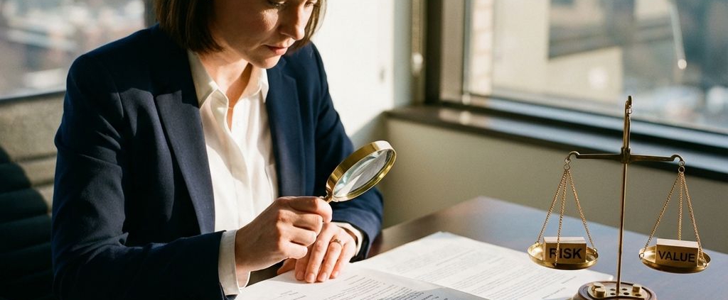Zakenvrouw onderzoekt documenten met vergrootglas naast weegschaal op mahoniehout bureau in kantoor