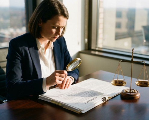 Zakenvrouw onderzoekt documenten met vergrootglas naast weegschaal op mahoniehout bureau in kantoor