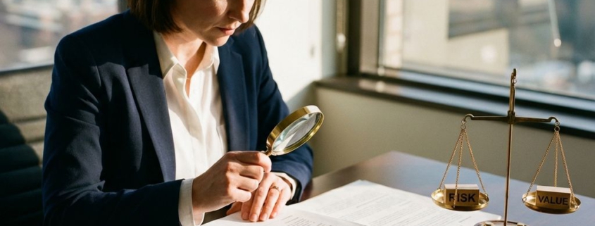 Zakenvrouw onderzoekt documenten met vergrootglas naast weegschaal op mahoniehout bureau in kantoor