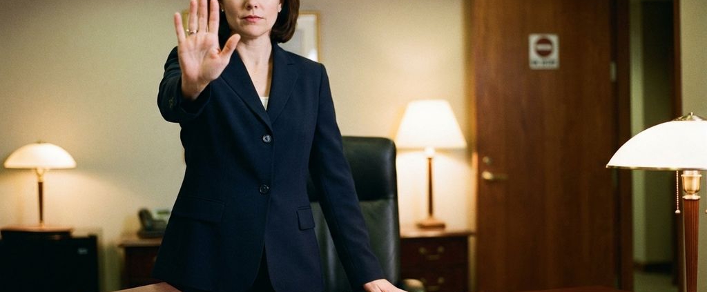 Professionele zakenvrouw in marineblauw pak maakt stopgebaar achter bureau met contracten in kantoor