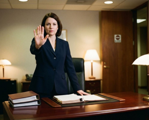 Professionele zakenvrouw in marineblauw pak maakt stopgebaar achter bureau met contracten in kantoor