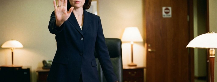 Professionele zakenvrouw in marineblauw pak maakt stopgebaar achter bureau met contracten in kantoor