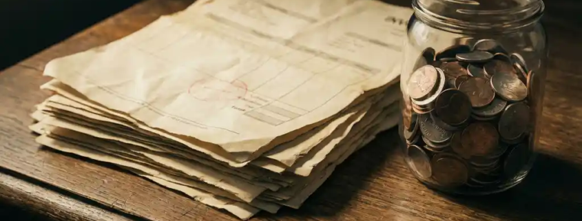 Stapel vergeelde, vervallen papieren facturen op donker eikenhout bureau naast glazen pot met munten, rode stempel zichtbaar.