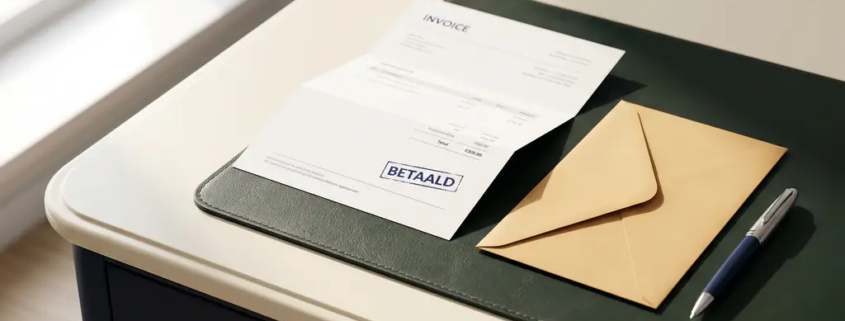 Rood BETAALD-stempel op wit factuur naast verzegelde envelop en pen op kantoorbureau.