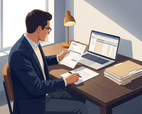 Ondernemer aan houten bureau schrijft betalingsherinnering bij factuur, laptop en documenten op achtergrond, natuurlijk zijlicht.