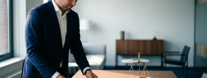 Zakelijke professional legt een formele betalingssommatie in een leren map op een donker bureau, met een weegschaal op de achtergrond.