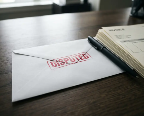 Witte envelop met rood DISPUTED-stempel op donker eiken bureau naast papieren factuur en zwarte pen.