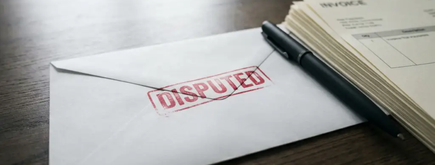 Witte envelop met rood DISPUTED-stempel op donker eiken bureau naast papieren factuur en zwarte pen.