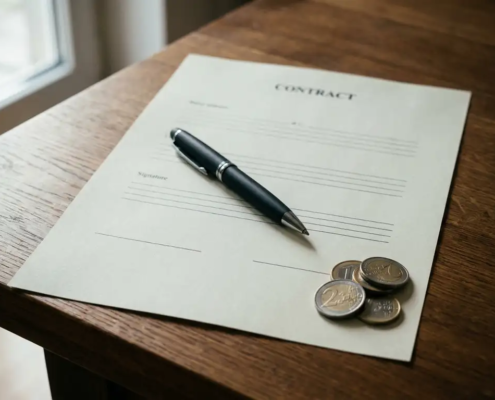 Gedrukt contract op donker eikenhouten bureau met zwarte pen en euromunten in natuurlijk licht.