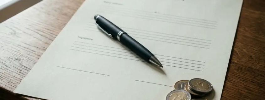 Gedrukt contract op donker eikenhouten bureau met zwarte pen en euromunten in natuurlijk licht.