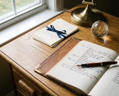 Eikenhouten bureau met opengeslagen grootboek, handgeschreven boekhoudkundige notities, vulpen en facturen in warm ochtendlicht.