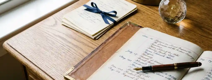 Eikenhouten bureau met opengeslagen grootboek, handgeschreven boekhoudkundige notities, vulpen en facturen in warm ochtendlicht.