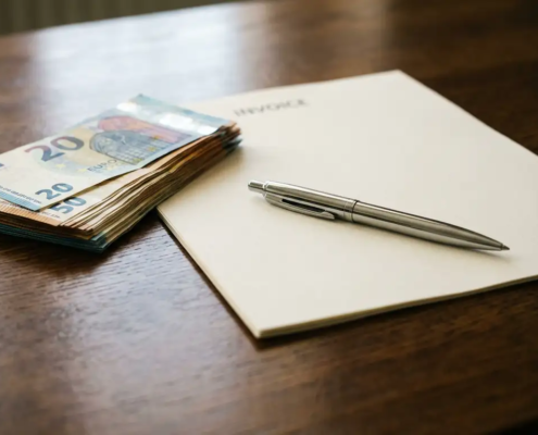 Stapel eurobiljetten naast een wit factuur op een donker eiken bureau, met een zilveren pen erop.