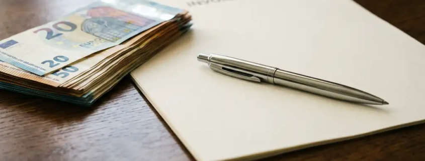 Stapel eurobiljetten naast een wit factuur op een donker eiken bureau, met een zilveren pen erop.