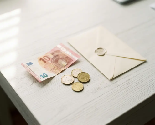Verfrommeld eurobiljet en losse munten naast een officiële envelop op een wit bureau, bovenaanzicht.