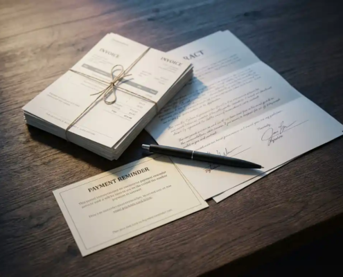 Stapel facturen, ondertekend contract en betalingsherinnering op donker eiken bureau met zwarte pen, bovenaanzicht.