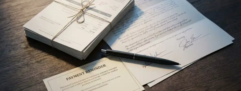 Stapel facturen, ondertekend contract en betalingsherinnering op donker eiken bureau met zwarte pen, bovenaanzicht.