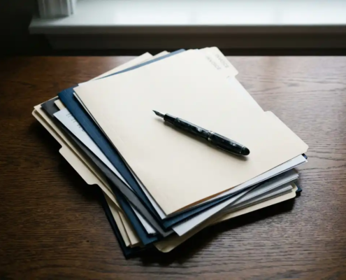 Geordende factuurmappen en financiële documenten op donker eiken bureau met vulpen, zacht natuurlijk licht op crème en marineblauw papier.