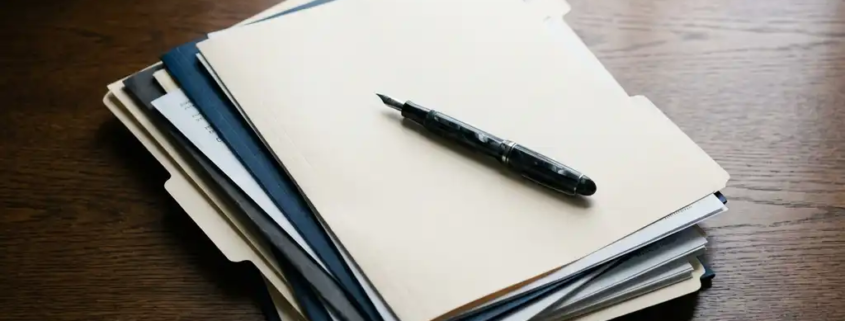 Geordende factuurmappen en financiële documenten op donker eiken bureau met vulpen, zacht natuurlijk licht op crème en marineblauw papier.