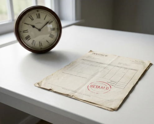 Verouderde papieren factuur met rood BETAALD-stempel op wit bureau, analoge wandklok op achtergrond, zacht natuurlijk licht.