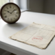 Verouderde papieren factuur met rood BETAALD-stempel op wit bureau, analoge wandklok op achtergrond, zacht natuurlijk licht.