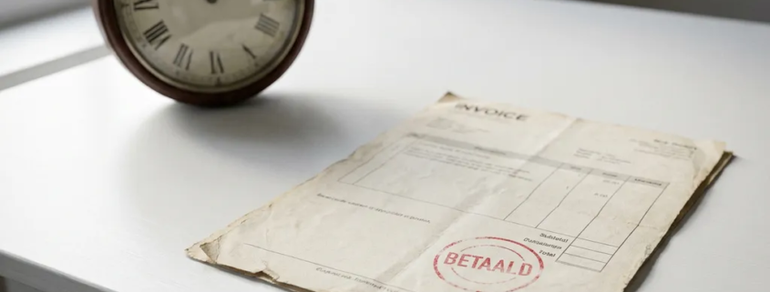 Verouderde papieren factuur met rood BETAALD-stempel op wit bureau, analoge wandklok op achtergrond, zacht natuurlijk licht.