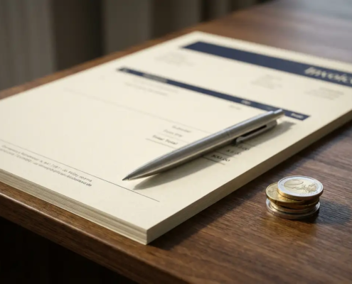 Officiële factuur op donker eiken bureau met zilveren pen en euromunten in de hoek.