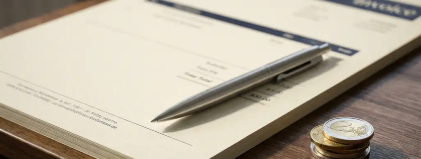 Officiële factuur op donker eiken bureau met zilveren pen en euromunten in de hoek.