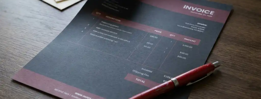 Gedrukte factuur op donker eiken bureau met rode pen, stapel ongeopende enveloppen op de achtergrond, bovenaanzicht.