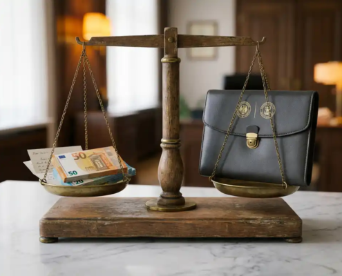 Houten weegschaal in balans met eurobiljetten en factuur aan één kant, leren portfolio met officiële zegels aan de andere kant.