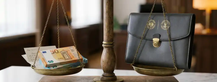 Houten weegschaal in balans met eurobiljetten en factuur aan één kant, leren portfolio met officiële zegels aan de andere kant.