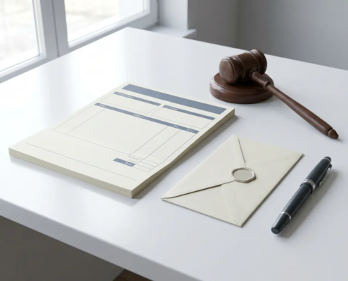 Formele factuur op wit bureau naast een houten hamer, verzegelde envelop en vulpen, in zakelijke juridische sfeer.