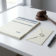 Formele factuur op wit bureau naast een houten hamer, verzegelde envelop en vulpen, in zakelijke juridische sfeer.