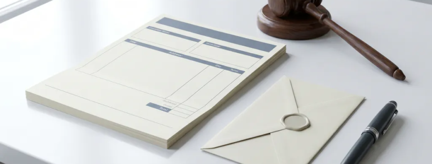 Formele factuur op wit bureau naast een houten hamer, verzegelde envelop en vulpen, in zakelijke juridische sfeer.