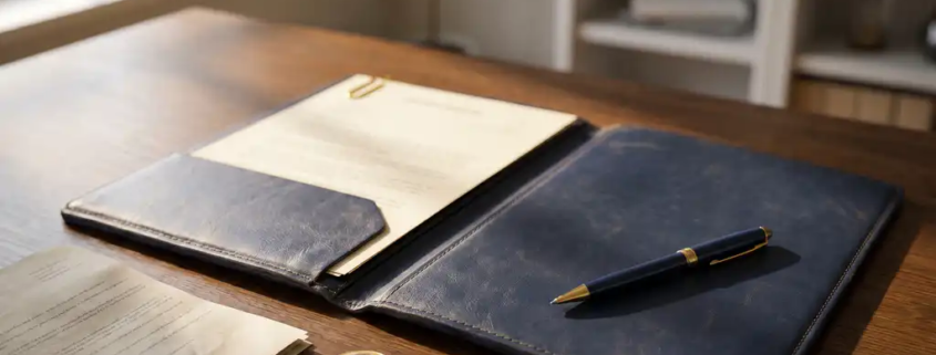 Opengeslagen leren factuurmap op donker eikenhouten bureau met euromunten, gevouwen document en pen in warm kantoorlicht.