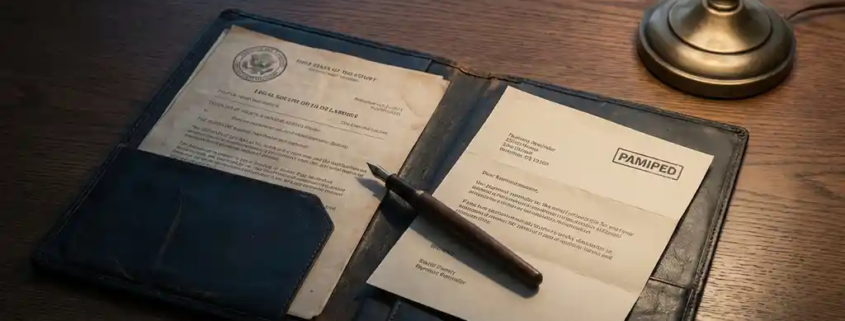 Opengevouwen leren juridische map op eiken bureau met gerechtelijke dagvaarding, betalingsherinnering en vintage vulpen.
