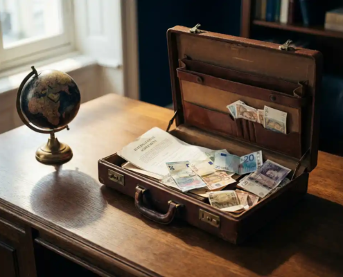 Versleten leren aktetas op eikenhouten bureau met Europese bankbiljetten, internationaal contract en kleine wereldbol.